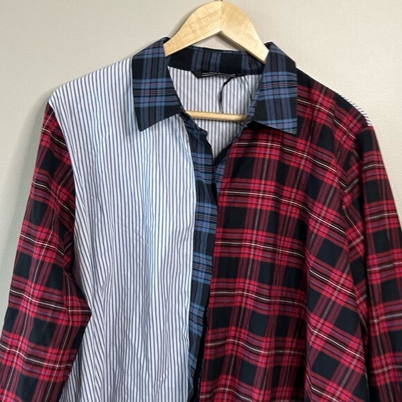 Zara Patchwork Multicolor Plaid Asymetrical Hem Button Down Shirt 2XL - Picture 3 of 6